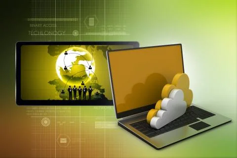 Laptop showing concept of cloud computing. Illustrazione stock