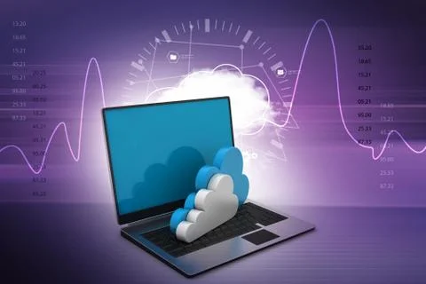 Laptop showing concept of cloud computing. Illustrazione stock