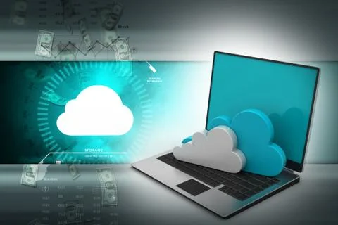 Laptop showing concept of cloud computing. Illustrazione stock