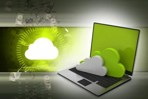 Laptop showing concept of cloud computing. Illustrazione stock