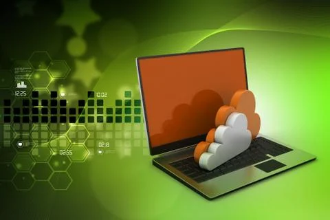 Laptop showing concept of cloud computing. Illustrazione stock