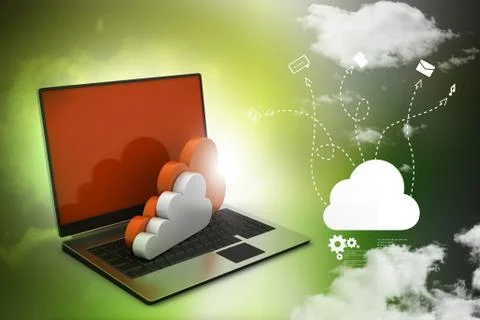 Laptop showing concept of cloud computing. Illustrazione stock