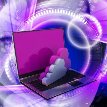 Laptop showing concept of cloud computing. Illustrazione stock