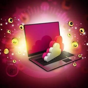 Laptop showing concept of cloud computing. Illustrazione stock