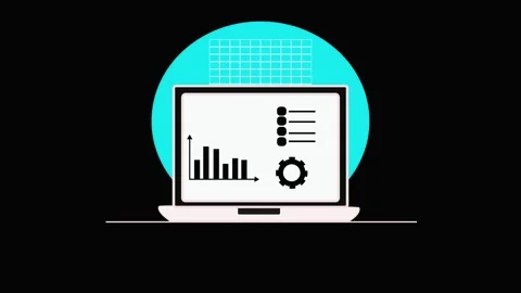 Laptop Showing Data Analysis with Bar Graph, List, and Gear Icon on Teal Ci.. Stock Footage 321862092