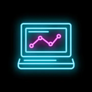 Laptop showing growing line chart in neon style Stock Illustration