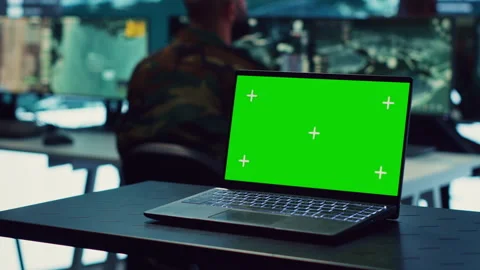 Laptop showing isolated mockup screen in army base of operations Stock Footage 276915873