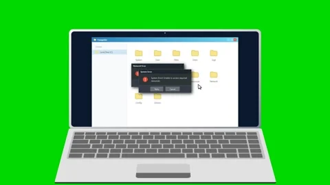 Laptop showing multiple system error popup windows on green screen. 4K Stock Footage 341693966