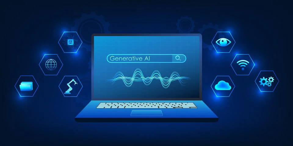 Laptop showing the process of generating video using AI, reflecting the use.. Illustrazione stock