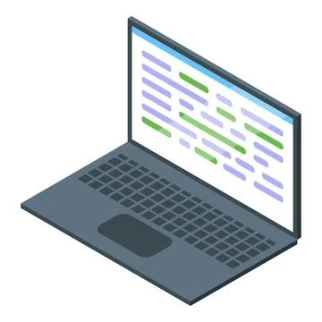Laptop showing programming code on screen in isometric view Stockillustratie