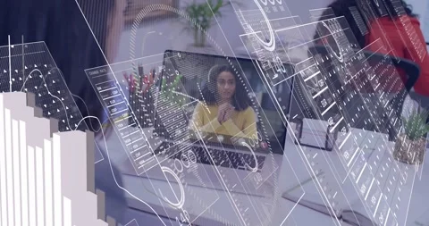 Laptop showing remote host starting speaking, activating HUD and 3D chart Stock Footage 331197760