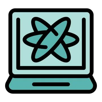 Laptop showing rotating atom electrons orbiting nucleus physics science Stock Illustration