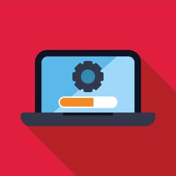 Laptop showing software installation, update or upgrade with progress bar a.. Illustrazione stock