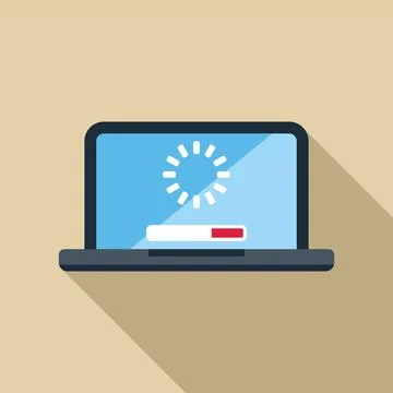 Laptop showing software update progress bar and buffering icon Illustrazione stock
