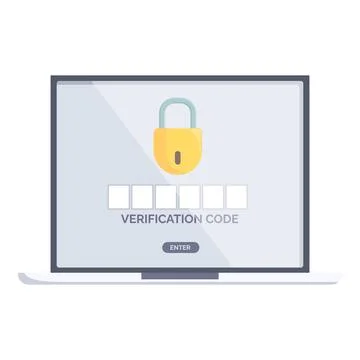 Laptop showing verification code interface with padlock icon Stock Illustration