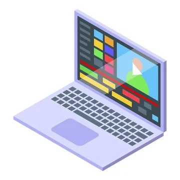 Laptop showing video editing software processing a clip with a presenter Stock Illustration
