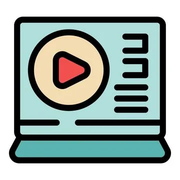 Laptop showing video player interface with playlist and play button Illustrazione stock