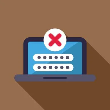 Laptop showing wrong password notification with cross mark symbol on screen Illustrazione stock