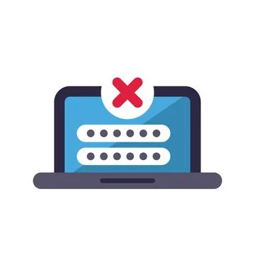Laptop showing wrong password notification on screen with cross mark Stock Illustration