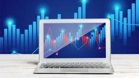 Laptop shows data trends on screen with blue background and charts during Stock Photos