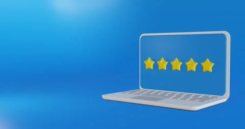 Laptop on the side on a blue background. Customer reviews concept. Stock Footage 199218905