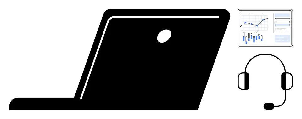 Laptop side view, headset with microphone, data analysis dashboard with graph Illustrazione stock