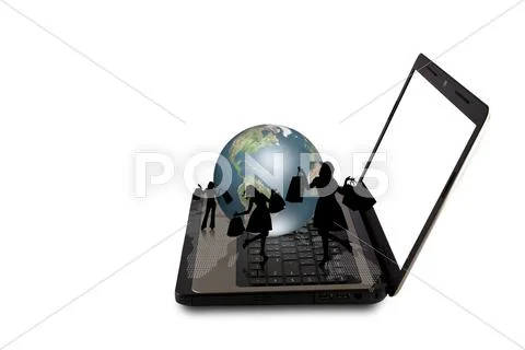 Laptop with silhouette people shopping from web and earth Stock Illustration