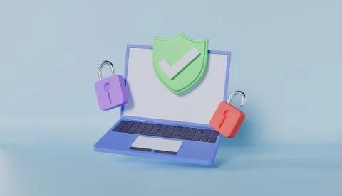 Laptop sing with lock security shield checkmark for online password protect Illustrazione stock