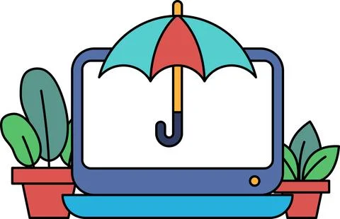 A laptop is sitting on a table with a red and blue umbrella next to it Stock Illustration