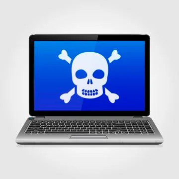 Laptop with skull on the blue screen Illustrazione stock