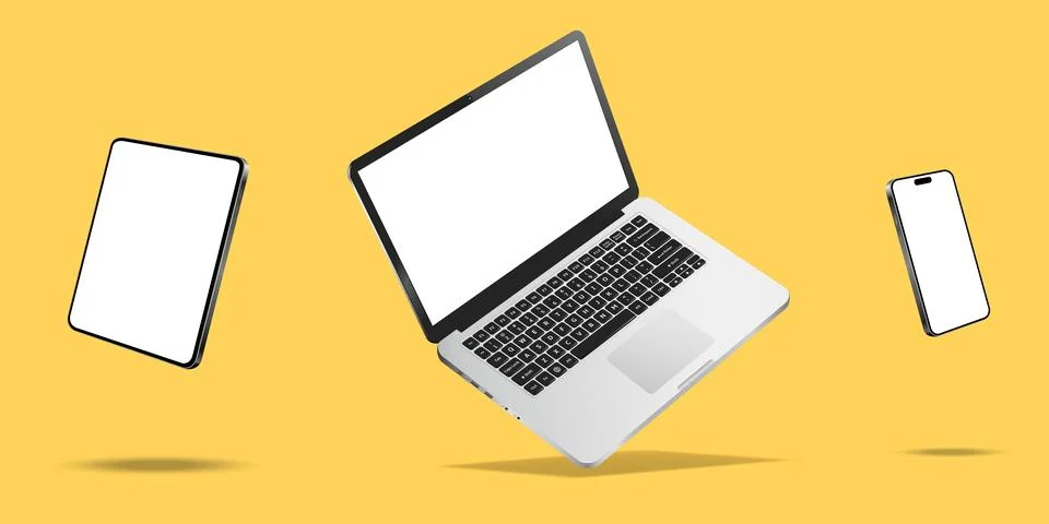 Laptop, smartphone and tablet while levitating in the air on a yellow backg.. イラスト素材