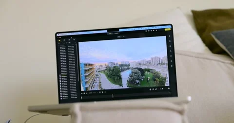 Laptop on a sofa plays panoramic drone footage in editing software. Home Stock Footage 327906847