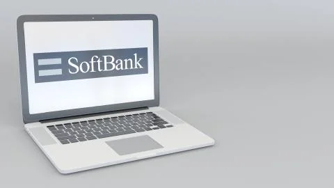 Laptop with SoftBank logo. Computer technology conceptual editorial 3D rendering Stock-Illustration