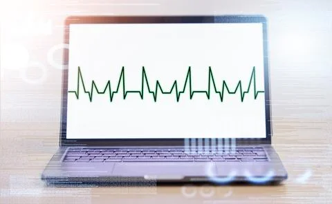 Laptop, software and screen, code and EKG, information technology with heartbeat 库存照片