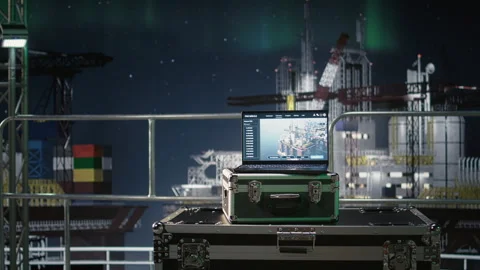 Laptop software evaluates energy security risks on petroleum rig Stock Footage 336195265