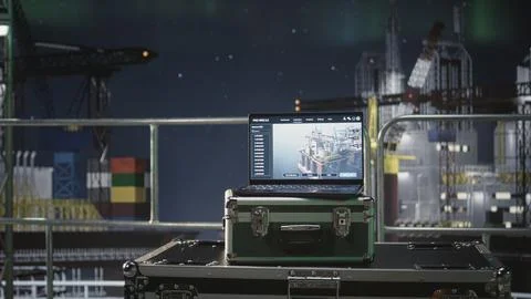 Laptop software evaluates energy security risks on petroleum rig 库存照片