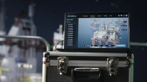 Laptop software evaluates energy security risks on petroleum rig 库存照片