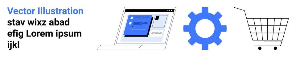 Laptop with software interface, blue gear, and shopping cart on white backgro Stockillustratie