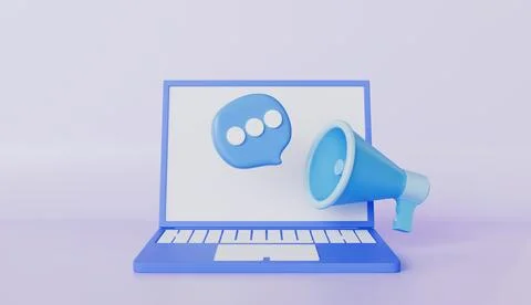 Laptop with speech bubble and megaphone, online messaging or marketing Illustrazione stock