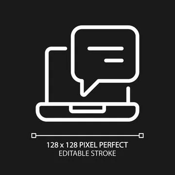Laptop with speech bubble pixel perfect white linear icon for dark theme Stock Illustration