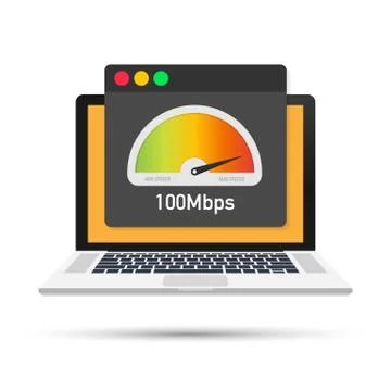 Laptop with speed test on the screen. Vector illustration. Stock Illustration