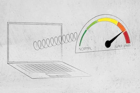 Laptop with speedometer going from normal to super speed popping out of the s Stock Illustration
