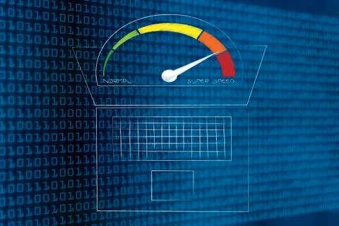 Laptop with speedometer going from normal to super speed popping out of the s Illustrazione stock