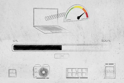Laptop with speedometer going from normal to super speed popping out of the s Stock Illustration