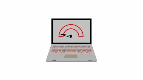 Laptop with a speedometer on the screen icon on a white background. Illustrazione stock