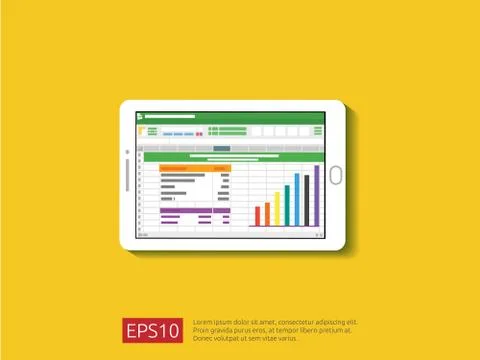 Laptop with spreadsheet. office things for planning and accounting, analysis, Stock Illustration