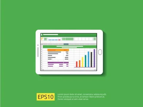 Laptop with spreadsheet. office things for planning and accounting, analysis, Stock Illustration