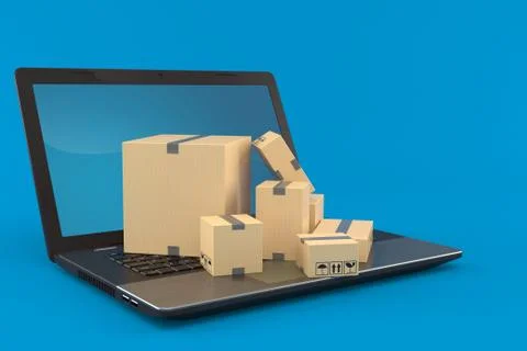 Laptop with stack of boxes Stock Illustration