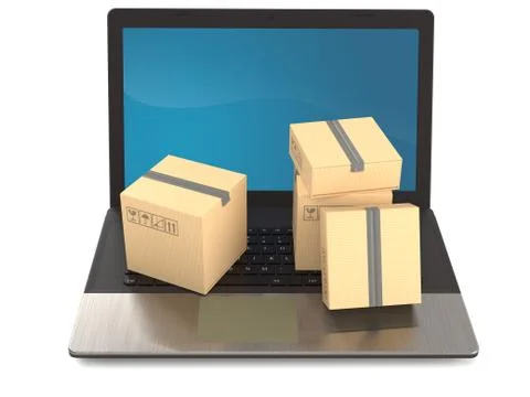 Laptop with stack of packages Stock Illustration
