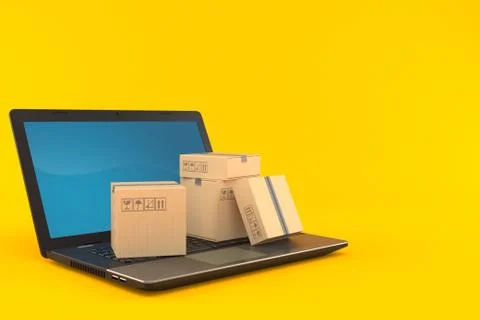 Laptop with stack of packages Stock Illustration